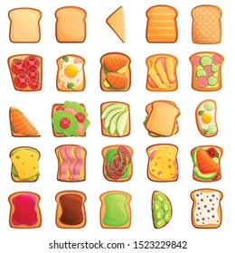 Toast icons set. Cartoon set of toast vector icons for web design