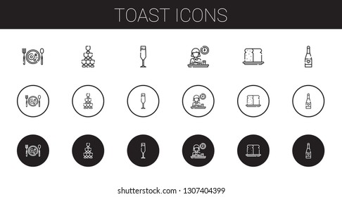 toast icons set. Collection of toast with breakfast, champagne, champagne glass, bread. Editable and scalable toast icons.