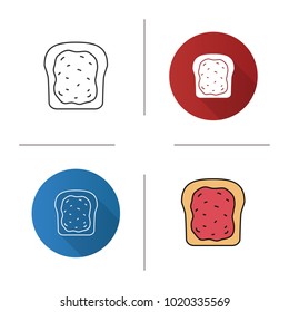 Toast with jam or butter icon. Flat design, linear and color styles. Breakfast. Isolated vector illustrations