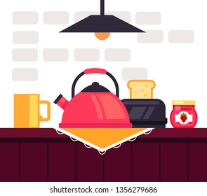 Toast with jam and hot coffee. Traditional morning breakfast.  Vector flat graphic design illustration