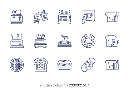 Toast line icon set. Editable stroke. Vector illustration. Containing toaster, toast, spreading, sandwich, bread, simit, tea mug, waffle.