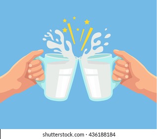 Toast with milk. Two hands. Toast with two hand with milk. Mug of milk. Vector flat cartoon illustration