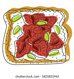 Toast with mozzarella cheese, strawberries, doodle pistachios on a white plate. Delicious snack hand drawing