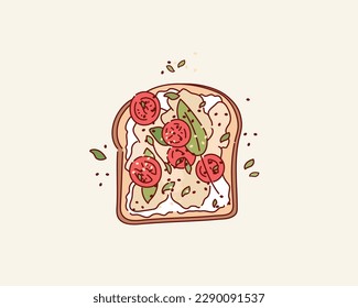 Toast on grilled bread slice. Open sandwich with fresh cherry tomatoes, basil leaves, chicken. Hand drawn style vector design illustrations.