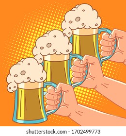 toast at a party foam beer in a mug. Comic cartoon pore art retro vector kitsch vintage