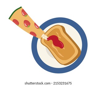 Toast with peanut butter and strawberry jam on a plate with a blue rim. Vector illustration for the concept of a delicious breakfast.