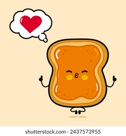 Toast piece of bread with peanut butter doing yoga. Vector hand drawn cartoon kawaii character icon. Isolated on brown background. Toast piece of bread with peanut butter in love character concept