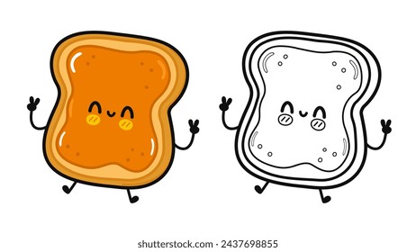 Toast piece of bread with peanut butter characters bundle set. Vector hand drawn cartoon kawaii illustration. Cute Toast piece bread with peanut butter. Outline cartoon illustration for coloring book