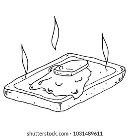 Toast with a piece of butter icon. Vector piece of butter on toast. Hand drawn hot buttered toast. Bread toast.