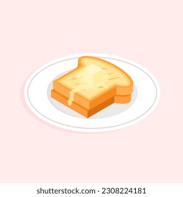 Toast with piece of butter on a plate. Tasty healthy breakfast. Roasted sandwich isometric. Vector illustration isolated.