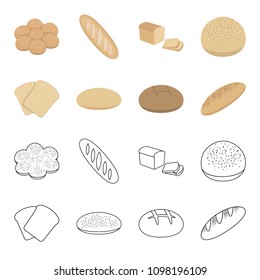 Toast, pizza stock, ruffed loaf, round rye.Bread set collection icons in cartoon,outline style vector symbol stock illustration web.