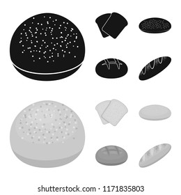 Toast, pizza stock, ruffed loaf, round rye.Bread set collection icons in black,monochrome style vector symbol stock illustration web.