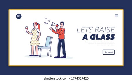 Toast raising landing page with party host and visitor during corporate celebration or wedding. Cartoon characters holding glasses for toast and cheers on holiday event. Linear vector illustration