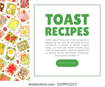 Toast recipes web banner. Tasty sandwiches with different healthy ingredients landing page with space for text cartoon vector