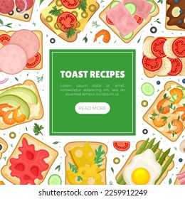 Toast recipes web banner. Tasty sandwiches with different healthy ingredients landing page cartoon vector
