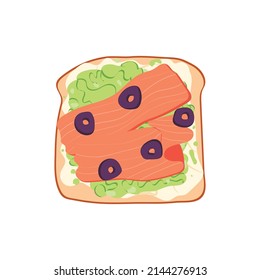 Toast with red fish, avocado, cream cheese, olives. Salmon sandwich. Healthy balanced diet. Healthy breakfast or snack.