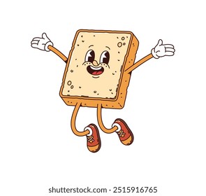 Tostadas de carácter de desayuno groovy retro. Vector de dibujos animados aislado deliciosa rebanada de pan saltando con una sonrisa radiante. Personaje de comida feliz en zapatos elegantes, carisma hippie y vibraciones de alegría