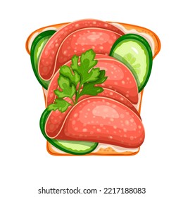 Toast with salami and cucumber vector illustration. Cartoon isolated sliced fresh cucumber and circles of salami, soft cheese and parsley leaf on slice of bread, top view of sandwich for breakfast