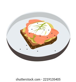 toast with salmon avocado and poached egg on rye bread. healthy breakfast