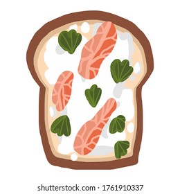 Toast with salmon, curd cheese and parsley on an isolated white background. Healthy, organic food, breakfast, lunch, dinner. Stock vector illustration.