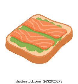 Brinde com salmão e verdes, desenho animado estilo plano comida saudável no fundo branco.
