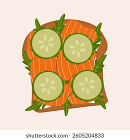 Toast with salmon, rucola and cottage cheese. Top view. Cartoon isolated vector illustration. 
