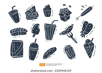 toast sandwich, cone ice cream, fork sausage doodle icon. Fast food, Cuisine and drink solid icon Set Vector Illustration