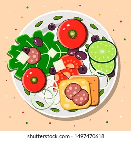 Toast with sausage, cheese and vegetables on a white plate. Healthy food. Natural product. Healthy fitness background.It can be used to design packaging, signboards, menus in cafes and restaurants.