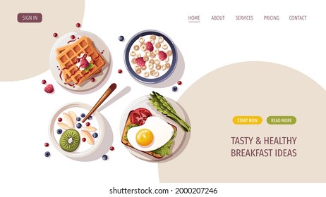 Tostadas con huevo revuelto, yogur con frutas, gofres, anillos de maíz. Comida saludable, nutrición, cocina, menú de desayuno, concepto de comida fresca. Ilustración vectorial para banner, sitio web, afiche.