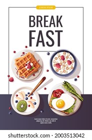 Toast With Scrambled Egg, Yogurt With Fruits, Waffles, Corn Rings. Healthy Eating, Nutrition, Cooking, Breakfast Menu, Fresh Food Concept. A4 Vector Illustration For Banner, Flyer, Poster, Promo.