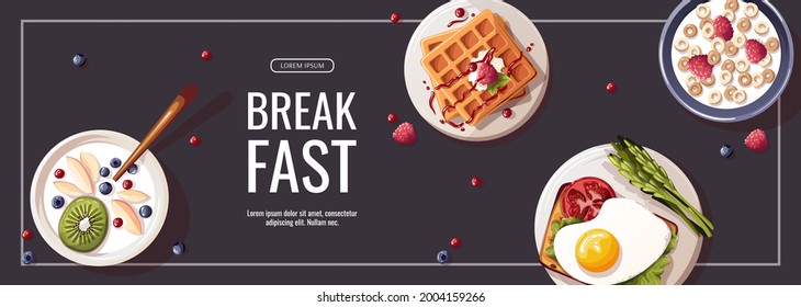 Toast with scrambled egg, yogurt with fruits, waffles, corn rings. Healthy eating, nutrition, cooking, breakfast menu, fresh food concept. Vector illustration for banner, flyer, promo, cover, poster.
