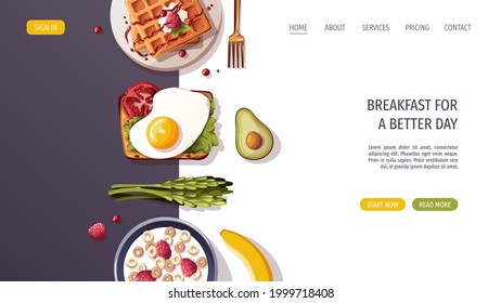 Toast with scrambled eggs, waffles, corn rings, asparagus, avocado. Healthy eating, nutrition, cooking, breakfast menu, fresh food concept. Vector illustration for banner, website, poster.