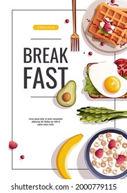 Toast with scrambled eggs, waffles, corn rings, asparagus, avocado. Healthy eating, nutrition, cooking, breakfast menu, fresh food concept. A4 vector illustration for banner, flyer, poster, promo.