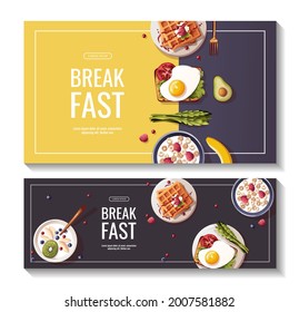 Toast with scrambled eggs, waffles, corn rings, asparagus, avocado. Healthy eating, nutrition, cooking, breakfast menu, fresh food concept. Vector illustrations for banner, flyer, poster, promo.