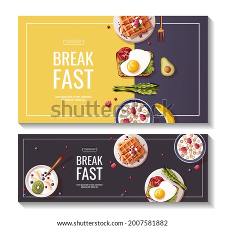 Toast with scrambled eggs, waffles, corn rings, asparagus, avocado. Healthy eating, nutrition, cooking, breakfast menu, fresh food concept. Vector illustrations for banner, flyer, poster, promo.