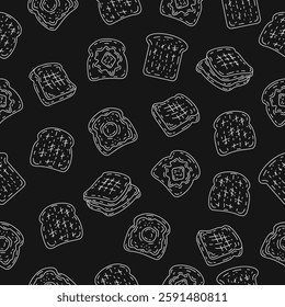 Toast seamless background on black board. Hand drawn doodle skketch bread toast motif