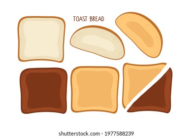 Toast set. Bread pieces for sandwich. Pieces of bread of various shapes and colors. Vector illustration isolated on white. Flat design style for menu, cafe, restaurant, poster, banner, emblem, sticker