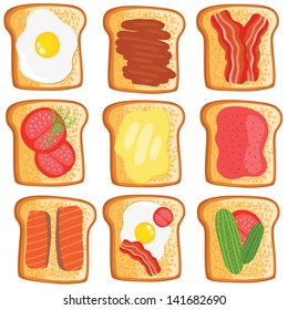 toast set. egg, chocolate, bacon, tomato, butter, jam, fish, cucumber on toast