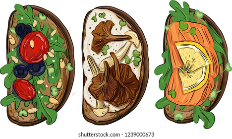 Toast set on black bread with fish, mushrooms and vegetables. diet, healthy food. vector