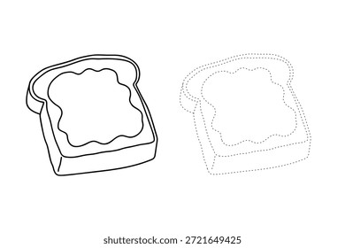 Toast Slice mit Erdbeermarmelade verteilt Malvorlage für Kinder. Spur und Farbe Toastbrot. Scheibe Brot mit Erdbeermarmelade, die auf dem oberen Clipart verteilt wird. Rote Marmelade verteilt auf Toast Brot flachen Stil Vektorgrafik. Erdbeermarmelade verteilt auf Stück Toast Vektor. Dessert mit Erdbeertorte, einzelne Illustration auf weißem Hintergrund.