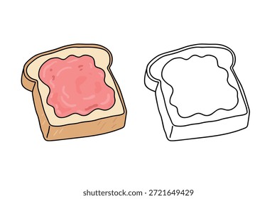 Fatia de torrada com engarrafamento de morango espalhou a página de coloração para crianças. Pão torrado de traço e cor. Fatia de pão com engarrafamento de morango sendo espalhado no clipart superior. Engarrafamento vermelho espalhou-se na ilustração de vetor de estilo plano de pão torrado. Engarrafamento de morango espalhar no pedaço vetor de torrada. Morango bolo de fatia sobremesa ilustração isolada no fundo branco.