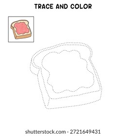 Toast Slice mit Erdbeermarmelade verteilt Malvorlage für Kinder. Spur und Farbe Toastbrot. Scheibe Brot mit Erdbeermarmelade, die auf dem oberen Clipart verteilt wird. Rote Marmelade verteilt auf Toast Brot flachen Stil Vektorgrafik. Erdbeermarmelade verteilt auf Stück Toast Vektor. Dessert mit Erdbeertorte, einzelne Illustration auf weißem Hintergrund.