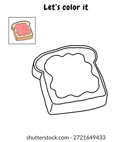 Toast Slice mit Erdbeermarmelade verteilt Malvorlage für Kinder. Spur und Farbe Toastbrot. Scheibe Brot mit Erdbeermarmelade, die auf dem oberen Clipart verteilt wird. Rote Marmelade verteilt auf Toast Brot flachen Stil Vektorgrafik. Erdbeermarmelade verteilt auf Stück Toast Vektor. Dessert mit Erdbeertorte, einzelne Illustration auf weißem Hintergrund.