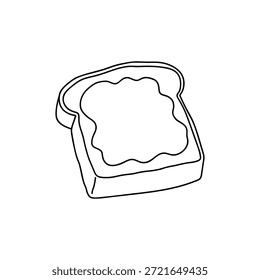 Toast slice with strawberry jam spread coloring page for kids. Trace and color toast bread. Slice of bread with strawberry jam being spread on top clipart. Red jam spread on toast bread flat style vector illustration. Strawberry jam spread on piece toast vector. Strawberry cake slice dessert isolated illustration on white background.