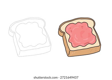 Toast Slice mit Erdbeermarmelade verteilt Malvorlage für Kinder. Spur und Farbe Toastbrot. Scheibe Brot mit Erdbeermarmelade, die auf dem oberen Clipart verteilt wird. Rote Marmelade verteilt auf Toast Brot flachen Stil Vektorgrafik. Erdbeermarmelade verteilt auf Stück Toast Vektor. Dessert mit Erdbeertorte, einzelne Illustration auf weißem Hintergrund.