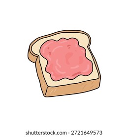 Toast-Scheibe mit Erdbeermarmelade gespreizt Clipart Vektor. Toastbrot. Scheibe Brot mit Erdbeermarmelade, die auf dem oberen Clipart verteilt wird. Rote Marmelade verteilt auf Toast Brot flachen Stil Vektorgrafik. Erdbeermarmelade verteilt auf Stück Toast Vektor. Dessert mit Erdbeertorte, einzelne Illustration auf weißem Hintergrund.