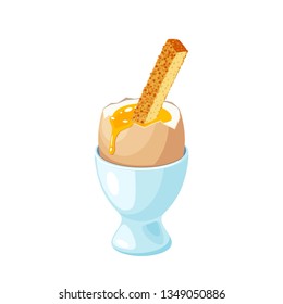 Toast soldier in soft-boiled egg in eggshell in egg holder. Vector illustration cartoon flat icon set isolated on white.