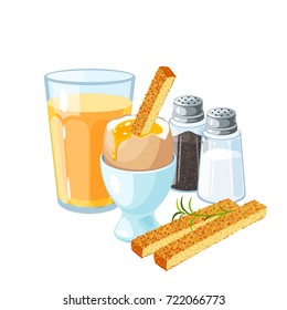 Toast soldiers. Soft-boiled egg in eggshell in egg holder. Pair of transparent glass shaker, salt and pepper. A glass of orange juice. Vector illustration cartoon flat icon set isolated on white.