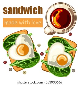 Toast with spinach and fried eggs as a heart, vector illustration