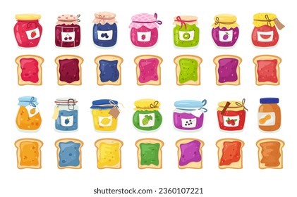 Toast spread with jams. Glass jam and jellies jars for sandwich spreads, tasty sweet preserves and slices of toasted bread vector set of toast with fruit jam, breakfast food dessert illustration